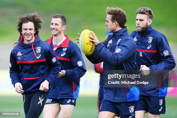 Liam Picken of the Bulldogs, out with concussion for this season so far, reacts during a Western Bulldogs AFL media opportunity at Whitten Oval on...