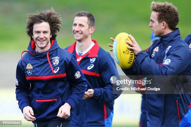 Liam Picken of the Bulldogs, out with concussion for this season so far, reacts during a Western Bulldogs AFL media opportunity at Whitten Oval on...