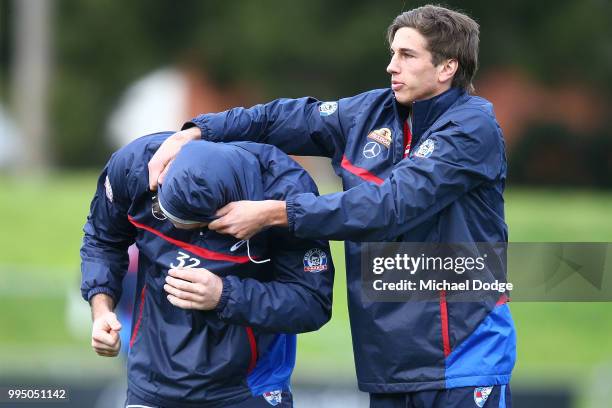 Nathan Mullenger-McHugh of Footscray plays with Kieran Collins of the Bulldogs during a Western Bulldogs AFL media opportunity at Whitten Oval on...