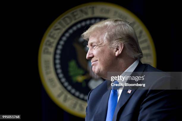 President Donald Trump smiles during a discussion at the Generation Next forum in the Eisenhower Executive Office Building in Washington, D.C., U.S.,...