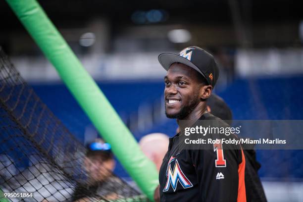 Cameron Maybin of the Miami Marlins looks on before the game against the Milwaukee Brewers at Marlins Park on July 9, 2018 in Miami, Florida.