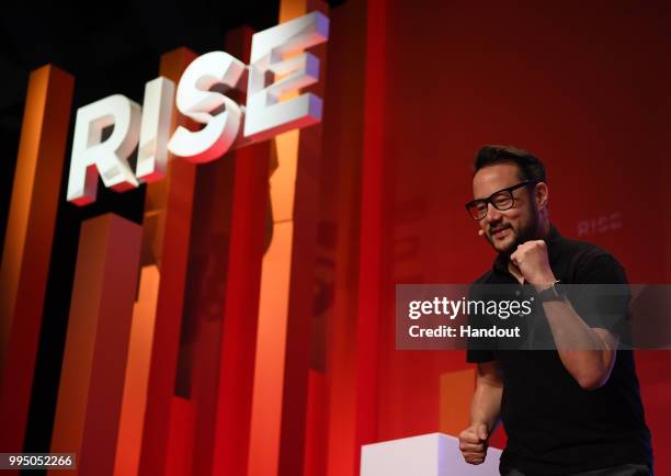 In this handout image provided by RISE, RISE co-host Casey Lau speaks on centre stage during day one of RISE 2018 at Hong Kong Convention and...
