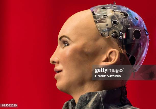 Sophia The Robot, robot of Hanson Robotics, attends the Day 1 of the RISE Conference 2018 at Hong Kong Convention and Exhibition Center on July 10,...