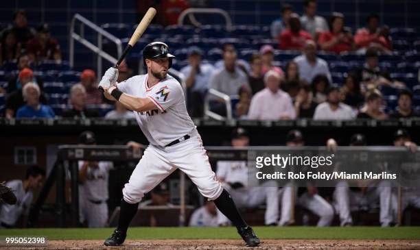 Bryan Holaday of the Miami Marlins at bat during the game against the Milwaukee Brewers at Marlins Park on July 9, 2018 in Miami, Florida.