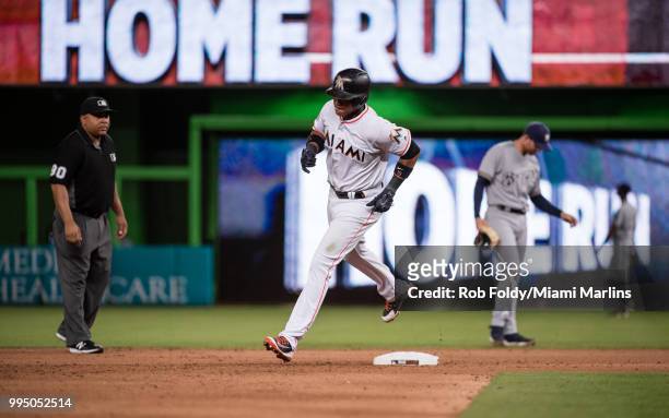 Starlin Castro of the Miami Marlins hits a home run during the game against the Milwaukee Brewers at Marlins Park on July 9, 2018 in Miami, Florida.