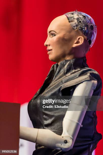 Sophia The Robot, robot of Hanson Robotics, attends the Day 1 of the RISE Conference 2018 at Hong Kong Convention and Exhibition Center on July 10,...