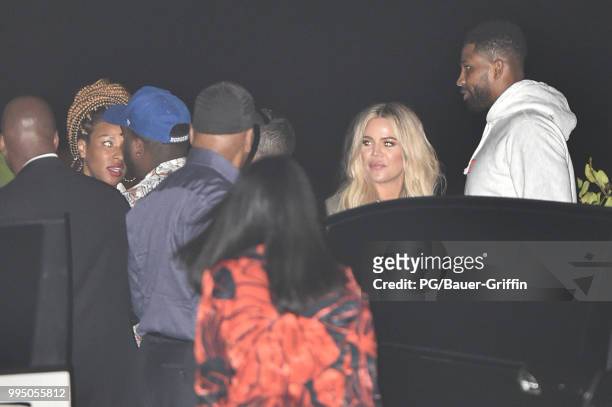 Khloe Kardashian, Tristan Thompson and Savannah Brinson are seen at Nobu on July 09, 2018 in Los Angeles, California.