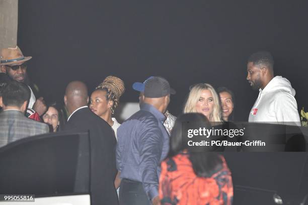 Khloe Kardashian, Tristan Thompson, LeBron James and Savannah Brinson are seen at Nobu on July 09, 2018 in Los Angeles, California.