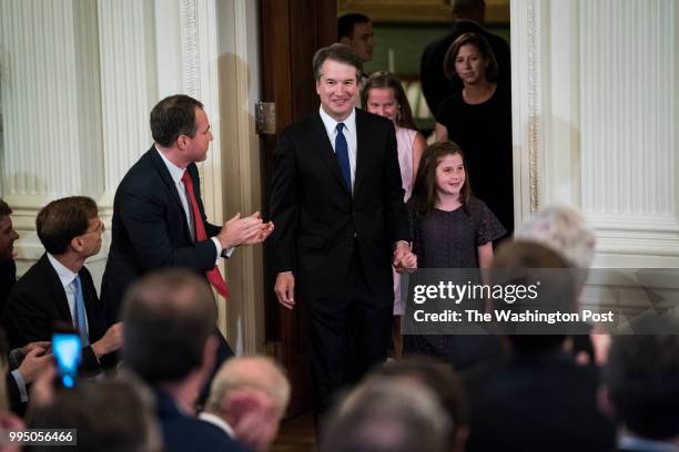 Judge Brett M. Kavanaugh of the District of Columbia Circuit, and his family arrive as President Donald J. Trump speaks during an announcement...