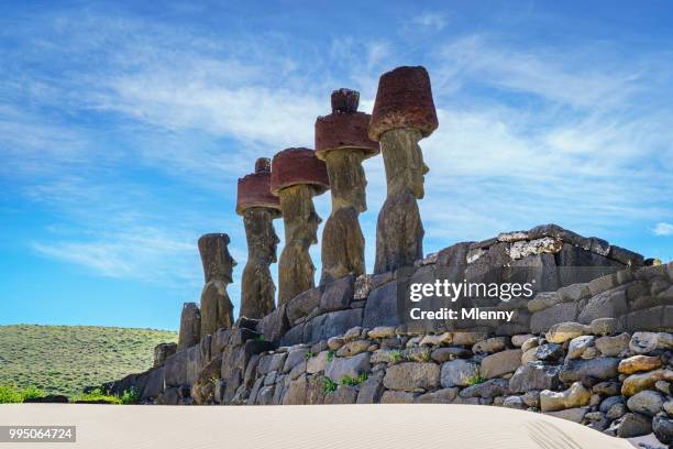 ahu nau nau moias anakena beach moai easter island rapa nui - hanga roa stock pictures, royalty-free photos & images