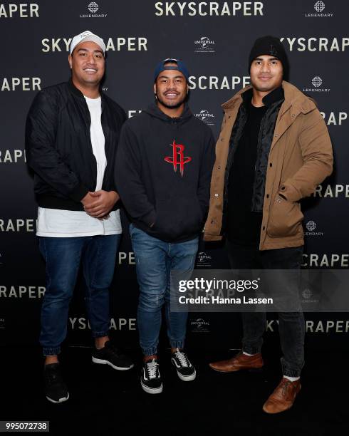 Nela Vusoniceva, Greg Leleisiuao and Kirisome Auva'a attend the SKYSCRAPER Sydney Premiere at Event Cinemas George Street on July 10, 2018 in Sydney,...