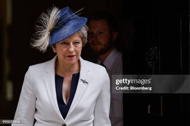 Theresa May, U.K. Prime minister, departs following a cabinet meeting at number 10 Downing Street in London, U.K., on Tuesday, July 10, 2018....