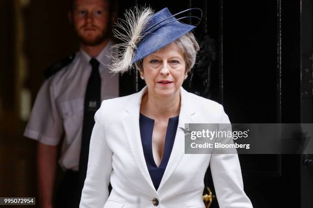 Theresa May, U.K. Prime minister, departs following a cabinet meeting at number 10 Downing Street in London, U.K., on Tuesday, July 10, 2018....