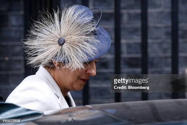 Theresa May, U.K. Prime minister, departs following a cabinet meeting at number 10 Downing Street in London, U.K., on Tuesday, July 10, 2018....