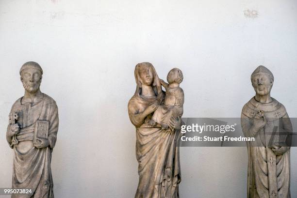 Detail of sculptures in the Museum of Saint Agostina, Genoa, Italy. Begun by the Augustinians in 1260, it is one of the few Gothic buildings...