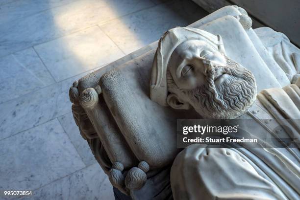 Detail of a funerary monument in the Museum of Saint Agostina, Genoa, Italy. Begun by the Augustinians in 1260, it is one of the few Gothic buildings...