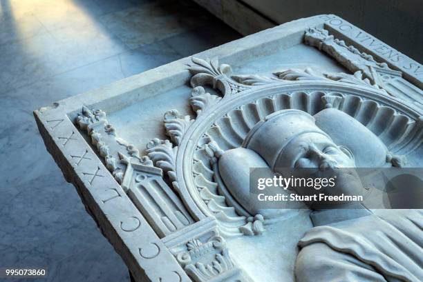 Detail of a funerary monument in the Museum of Saint Agostina, Genoa, Italy. Begun by the Augustinians in 1260, it is one of the few Gothic buildings...