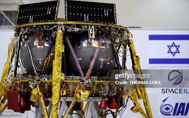 This picture shows an Israeli Aerospace Industries spacecraft during a press conference to announce its future launch to the moon, in Yehud, Eastern...