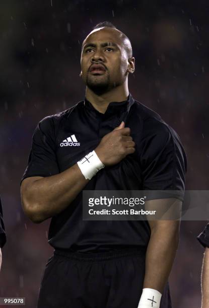 Jonah Lomu of the All Blacks during the national anthem during the Tri Nations match between New Zealand and South Africa played at Eden Park in...