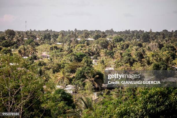 General view of houses and vegetation close by the main harbour is seen on July 5, 2018 in Nacala, Mozambique.