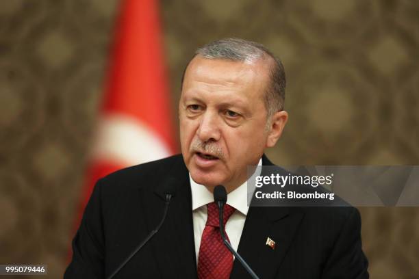 Recep Tayyip Erdogan, Turkey's president, announces members of his cabinet during a news conference at the Presidential palace in Ankara, Turkey, on...