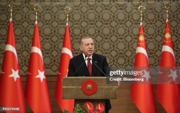 Recep Tayyip Erdogan, Turkey's president, announces members of his cabinet during a news conference at the Presidential palace in Ankara, Turkey, on...