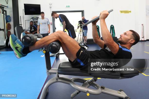 Danilo D Ambrosio of FC Internazionale trains in the gym during the FC Internazionale training session at the club's training ground Suning Training...