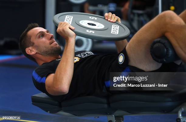 Stefan De Vrij of FC Internazionale trains in the gym during the FC Internazionale training session at the club's training ground Suning Training...