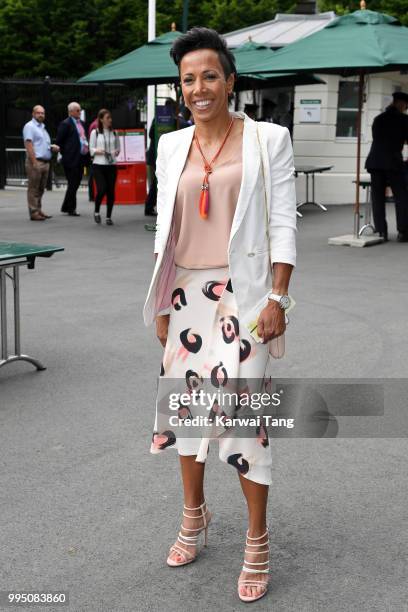 Dame Kelly Holmes attends day eight of the Wimbledon Tennis Championships at the All England Lawn Tennis and Croquet Club on July 10, 2018 in London,...