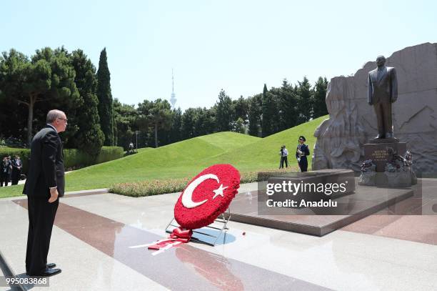 Turkish President Recep Tayyip Erdogan visits the grave of Heydar Aliyev, Former President of Azerbaijan, in Baku, Azerbaijan on July 10, 2018.