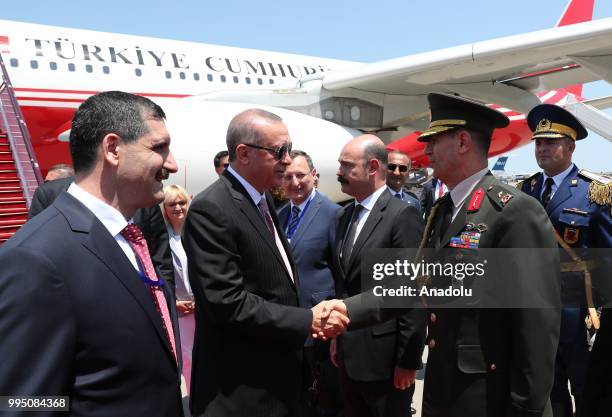 Turkish President Recep Tayyip Erdogan is being welcomed by officials as he arrives with the private plane called "TUR" to make his first official...