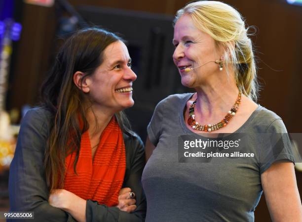 Children's book authors Isabel Abedi and Cornelia Funke in a lecture theatre at Hamburg University, Germany, 21 September 2017. Funke presented...