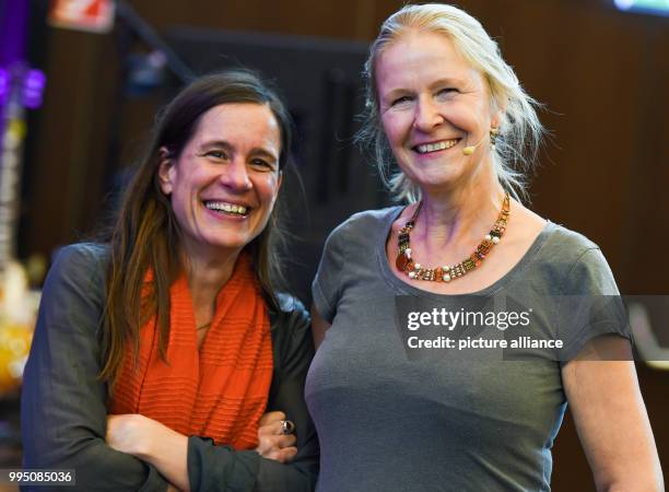 Children's book authors Isabel Abedi and Cornelia Funke in a lecture theatre at Hamburg University, Germany, 21 September 2017. Funke presented...