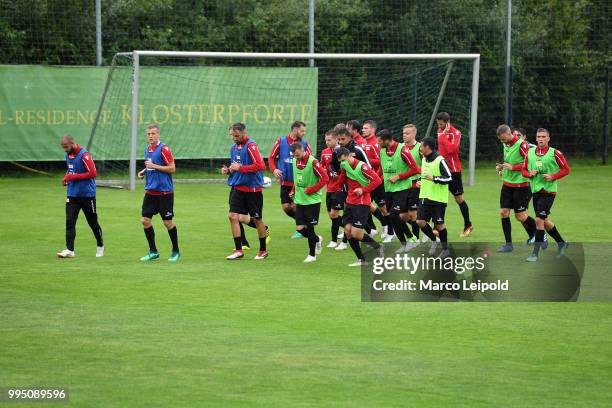 The players of Union Berlin run during a training camp at the Hotel-Residence Klosterpforte on July 10, 2018 in Klosterpforte, Germany.