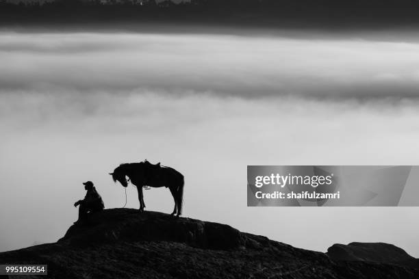 unidentified local people or bromo horseman at the mountainside of mount bromo, semeru, tengger national park, east java of indonesia. - bromo tengger semeru national park stockfoto's en -beelden