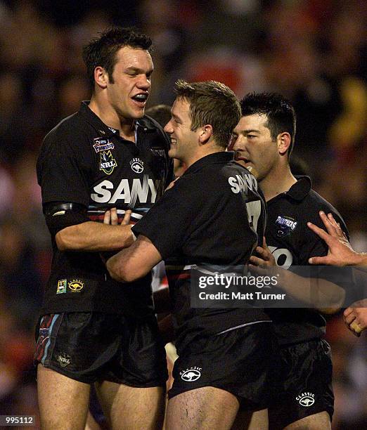 Luke Rooney and Ben Reynolds of the Panthers celebrate a try during the NRL round 20 match betwen the Penrith Panthers and the Sydney Roosters held...