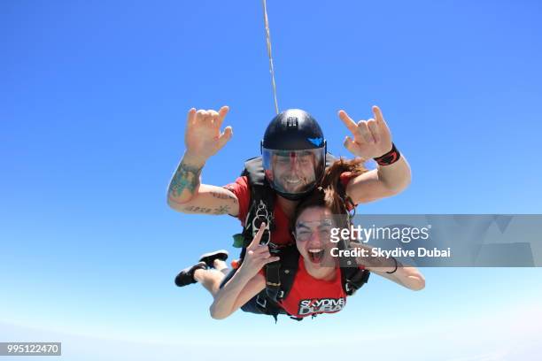 Arci Munoz aka Ramona Thornes captured in freefall while skydiving in Dubai, United Arab Emirates, on June 17, 2018.