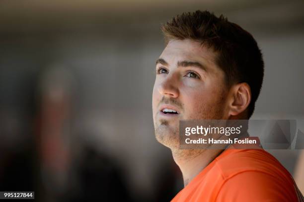 Kevin Gausman of the Baltimore Orioles looks on before the game against the Minnesota Twins on July 7, 2018 at Target Field in Minneapolis,...