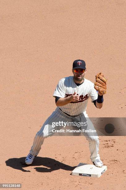 Brian Dozier of the Minnesota Twins makes a play at second base against the Baltimore Orioles during the game on July 7, 2018 at Target Field in...