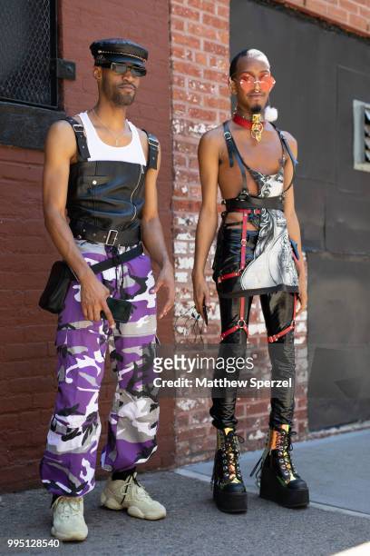 Jamir Assad and Blake Diiamond are seen on the street attending Men's New York Fashion Week on July 9, 2018 in New York City.