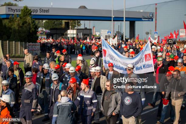 Employees of Thyssenkrupp participate in a protest against the steel fusion plans of Thyssenkrupp with the Indian Tata group, organised by the...