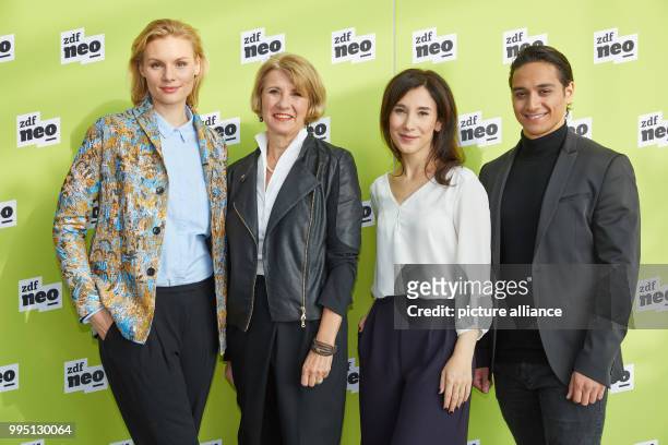 Simone Emmelius, head of the TV channel ZDFneo , and the actors Rosalie Thomass , Sibel Kekilli and Yasin Boynuince, photogrpahed during a photo call...