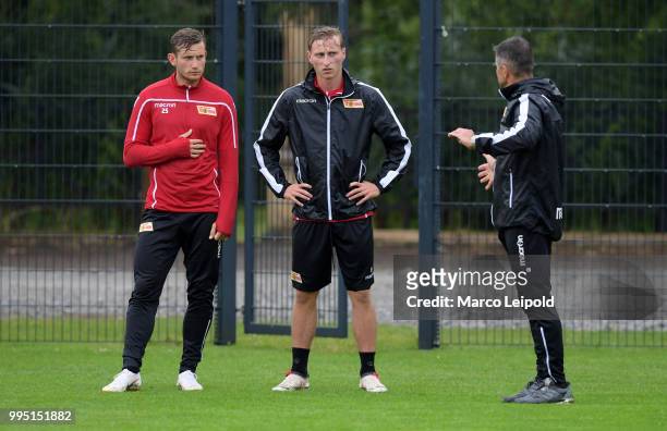 Christopher Lenz, Joshua Mees of 1 FC Union Berlin and Werner Leuthard of 1.FC Union Berlin during the training camp at the Hotel-Residence...