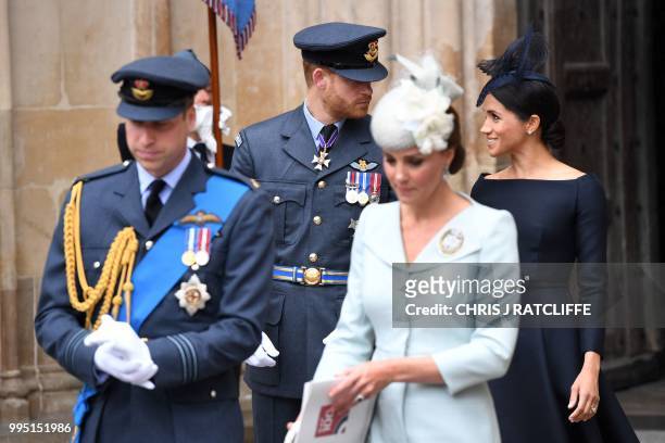Britain's Prince William, Duke of Cambridge, Britain's Prince Harry, Duke of Sussex, Britain's Catherine, Duchess of Cambridge and Meghan, Duchess of...