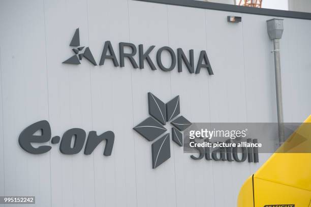 The logos of the owners of the wind park 'Arkona' can be seen in the Mukran Port near Sassnitz, Germany, 22 September 2017. The energy company Eon...