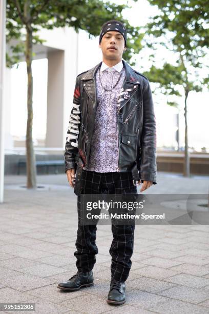 Jeremy Carver is seen on the street attending Men's New York Fashion Week wearing Faith Connection on July 9, 2018 in New York City.