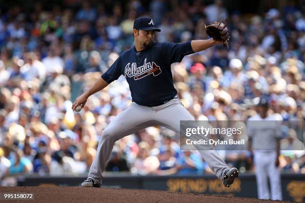 Anibal Sanchez of the Atlanta Braves pitches in the second inning against the Milwaukee Brewers at Miller Park on July 7, 2018 in Milwaukee,...