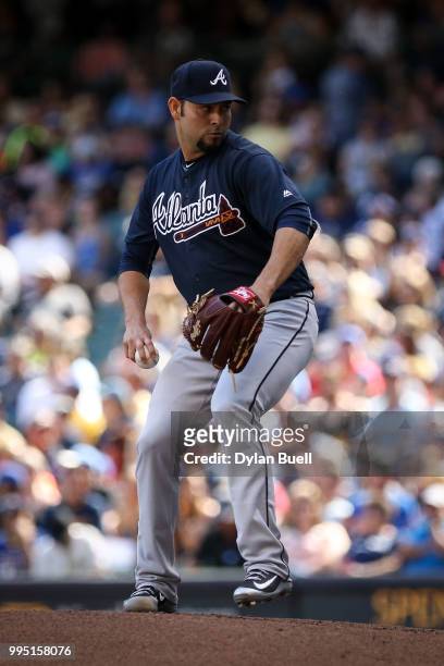 Anibal Sanchez of the Atlanta Braves pitches in the second inning against the Milwaukee Brewers at Miller Park on July 7, 2018 in Milwaukee,...