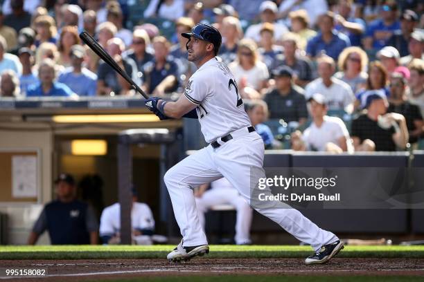 Travis Shaw of the Milwaukee Brewers lines out in the fourth inning against the Atlanta Braves at Miller Park on July 7, 2018 in Milwaukee, Wisconsin.