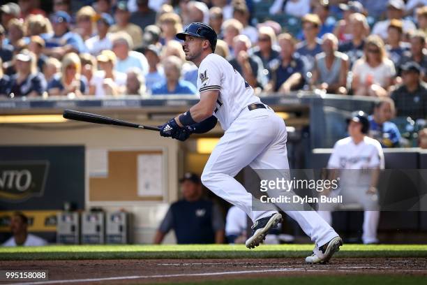 Travis Shaw of the Milwaukee Brewers lines out in the fourth inning against the Atlanta Braves at Miller Park on July 7, 2018 in Milwaukee, Wisconsin.